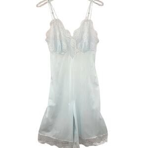 Vintage Powder Blue Satin Pleated Slip Dress Munsingwear Lace Trim Romance